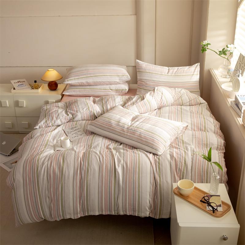 

Striped Duvet Cover Set Queen 100% Washed Cotton Bedding Set, Luxury Soft Pink Vertical Ticking Stripes Comforter Cover, (3pcs) Single 150x200cm