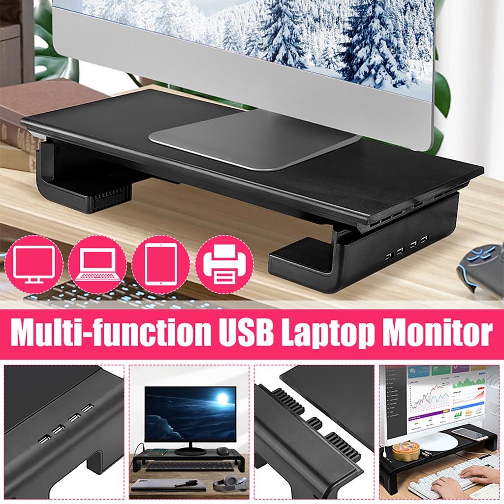 4 USB Multifunction Computer Monitor Riser Stand 2.0 Ports Charging Monitor Holder Computer Screen Shelf Laptop Rack Organizer Black