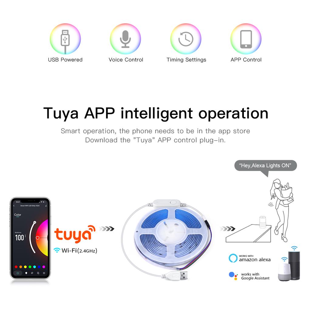 Tuya Smart APP Control WiFi /Bluetooth RGB LED Strip Light Dimmable USB COB Adhesive Ribbon for TV Computer Ambinet Backlight