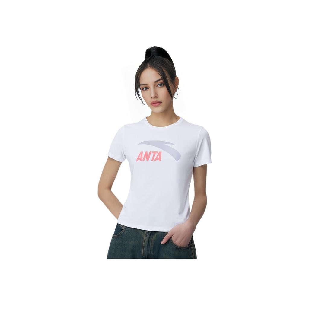 Anta Life Series Logo Print Round Neck Short Sleeve T-Shirt Women Tops Pure-White 962328120-4