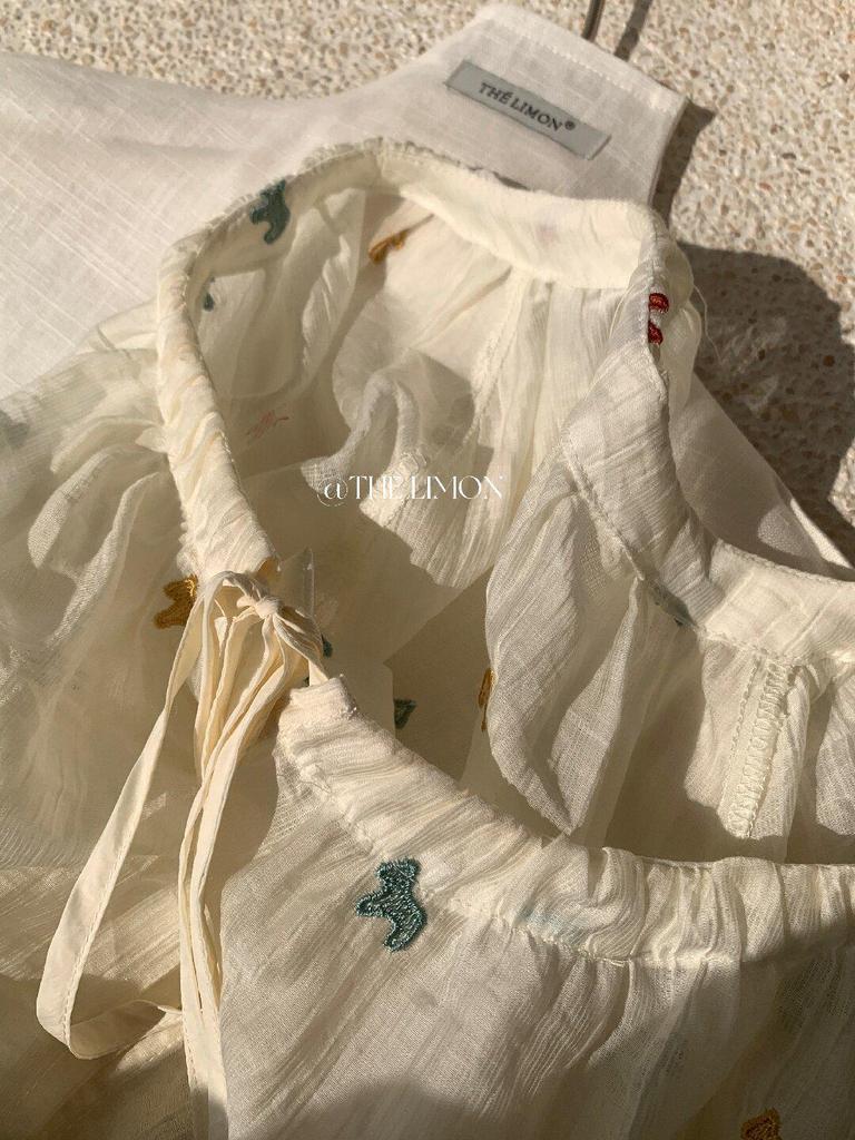 Women's Long Sleeve Lemon Green Tea Floral Embroidered Shirt – Slimming Tie-Up Sun Protection Top