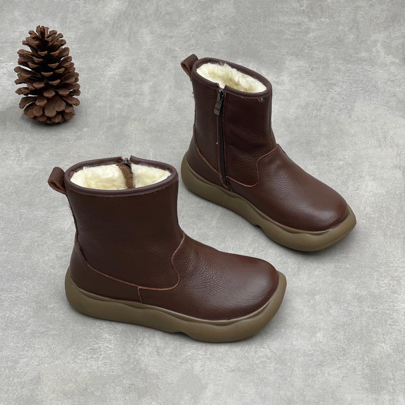 Johnature Genuine Leather Warm Cotton Boots Thick Soled Comfortable Side Zipper Women's Short Boots