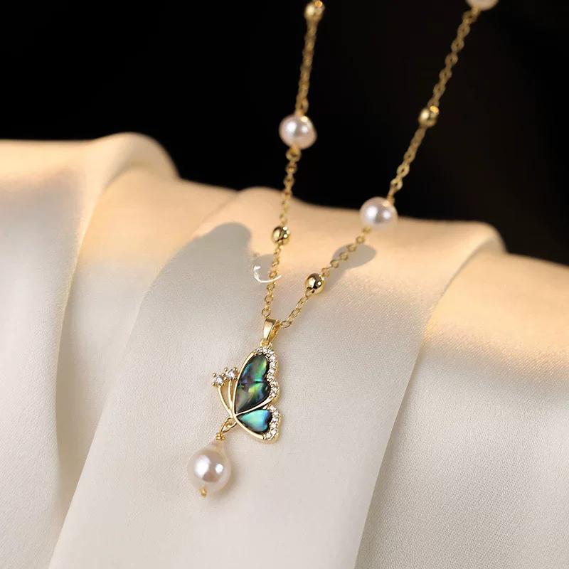French Hong Kong Style Imitation Pearl Abalone Shell Butterfly Necklace 2025 New Trendy Accessories Collarbone Chain Stud Earrings Ring