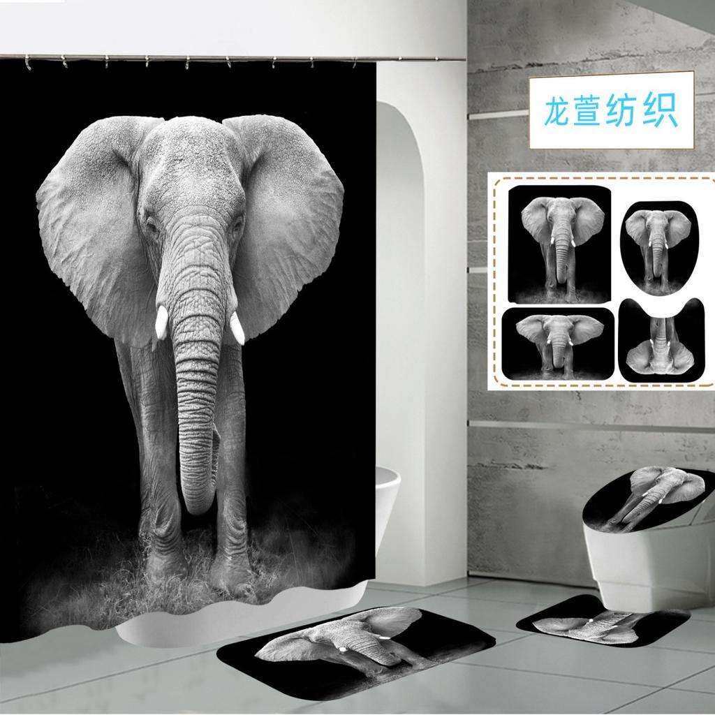 Polyester Elephant 3D Digital Printing Bathroom Personalized Partition Shower Curtain Four-Piece Set