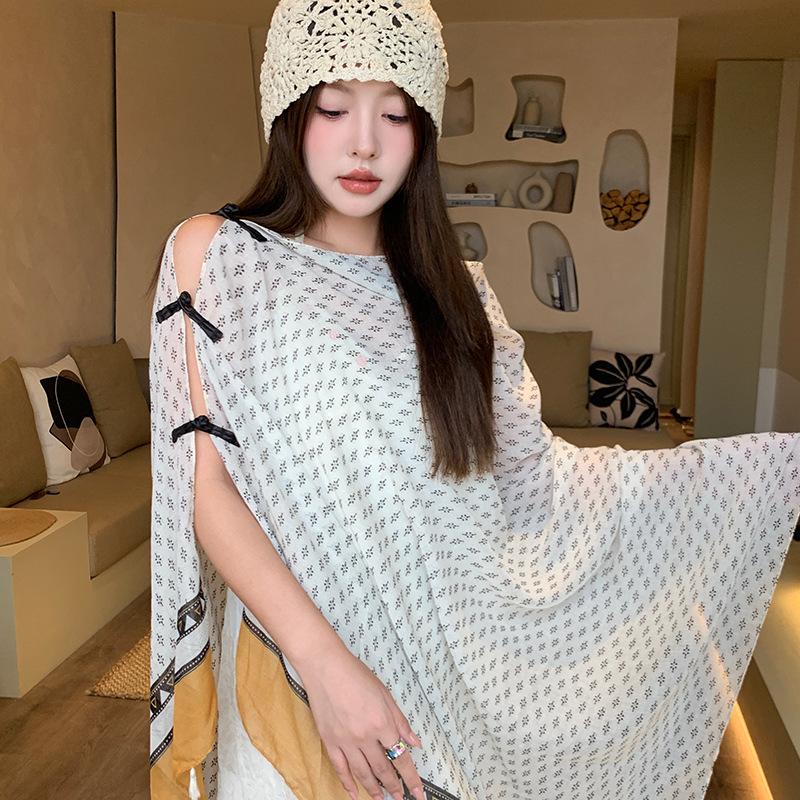 Small fresh green floral silk scarf women's summer travel buckle sunscreen large shawl beach towel thin yarn scarf scarf