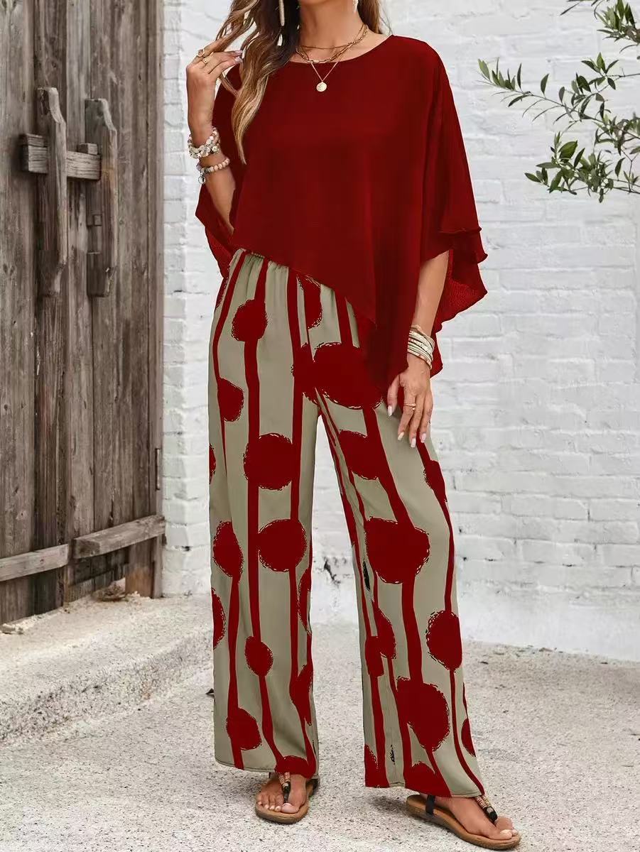 

Burgundy Loose Top with Red Circle Print Beige Wide Leg Pants Set, Casual Outfit for Women S красный