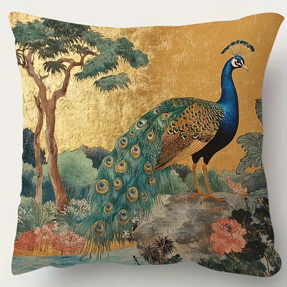 Panika Chen Unisex Gold 2D Flat- Vintage Foil Peacock Decorative Throw Pillow Cover Asian Style Garden Wildlife Cushion Case