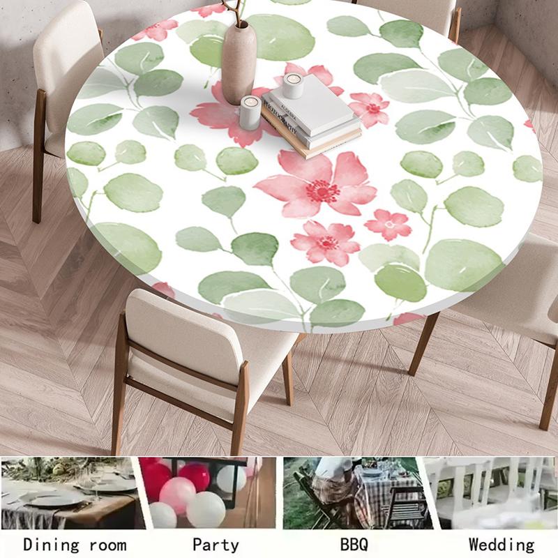 Round Table Cover Protector Elastic –Floral Print Fitted Tablecloth Waterproof,Elastic Edge Round Table Cloth for Dining Kitchen