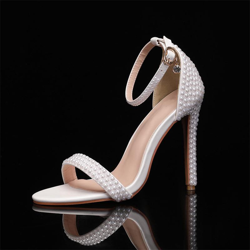 Fashion Luxury Pearls Rhinestones Ankle Strap Women Sandals Fashion Summer Stiletto High heels Pumps Sandals Wedding Bridal Prom Shoes