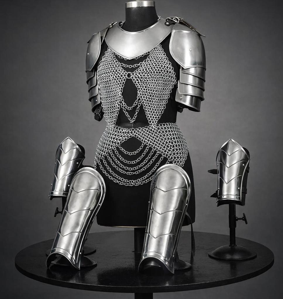 Female Medieval Knight Armor Steel Pauldrons Chainmail Gorget Warrior LARP Cosplay Costume