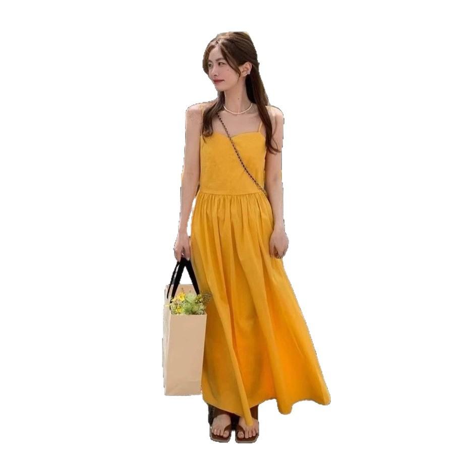 Yunnan, Xinjiang Seaside Vacation Travel Wear Photo Yellow Suspender Is Very Beautiful Pinch Waist Thin Dress Summer