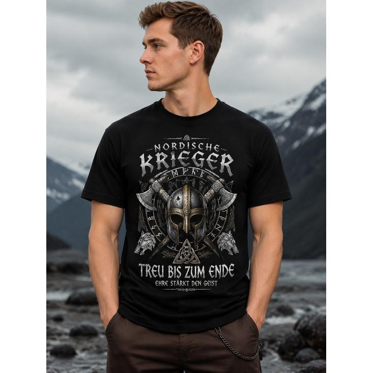Men's Nordic Warrior Graphic T-Shirt Short Sleeve Crew Neck Soft Cotton Blend Viking Helmet Axes Wolves Rune Design Casual Daily Wear