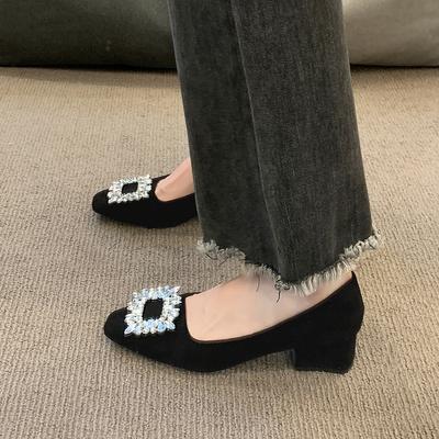Scarpe singole premium da donna primavera nuovo temperamento strass tacchi alti tacco spesso scarpe a punta quadrata