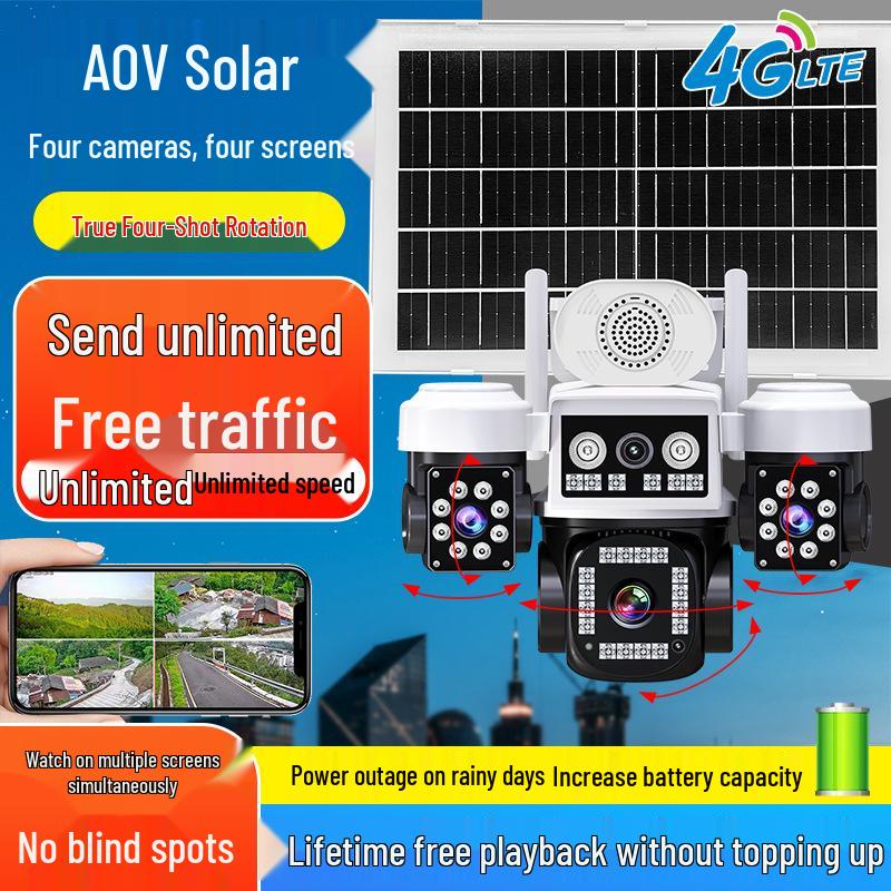 AOV Solar-Powered 360° HD Night Vision Camera with Remote Access and Four-Lens for Indoor/Outdoor Monitoring
