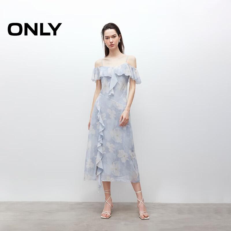 ONLY Women s Printed Ruffle Slit V-Neck Thin Strap Midi Dress XS