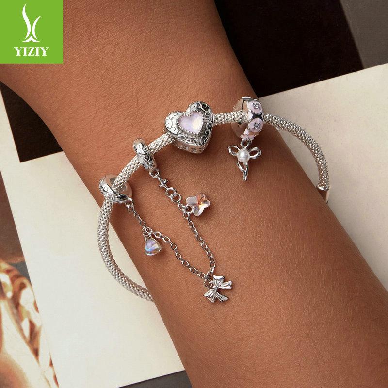 Ballet Bow Diy Safety Chain Accessories, Gentle Romantic Moonstone S925 Sterling Silver Bracelet Beaded