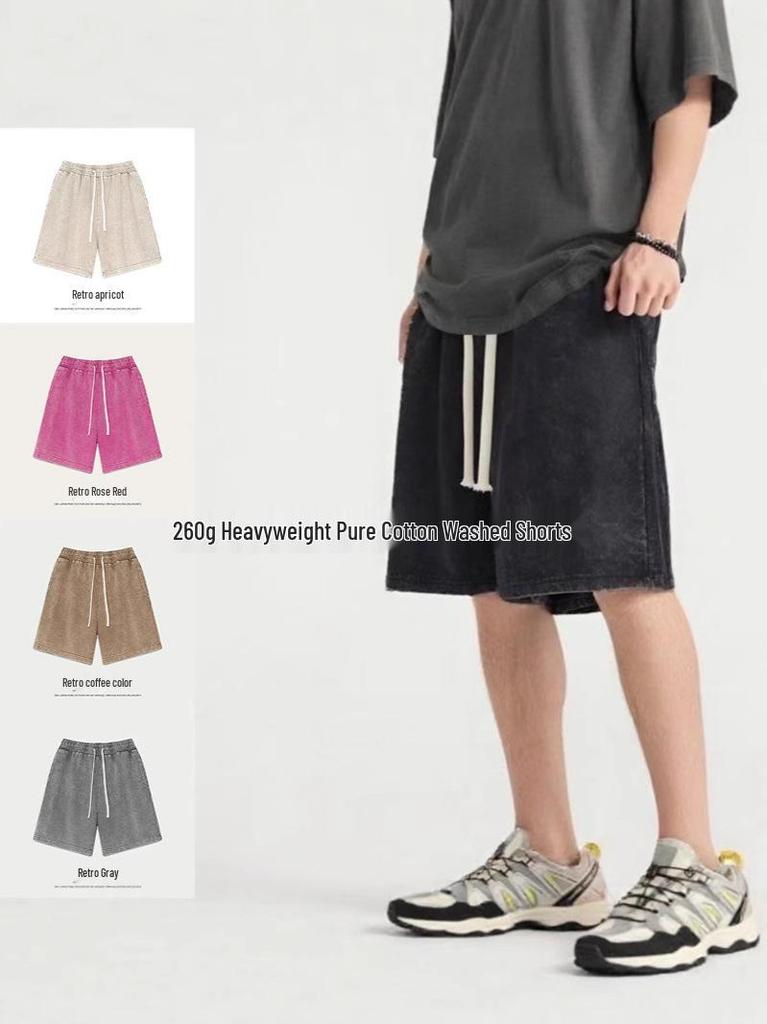 Herren Hong Kong Stil Vintage Gewaschene Baumwollshorts – Trendy, Locker, Vielseitig, 260g Fünf-Punkt Lässiger Stil