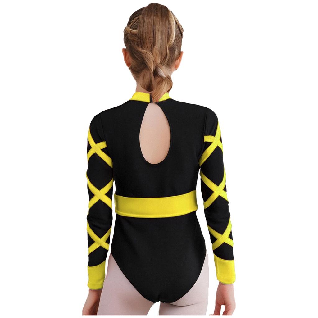 Mädchen Chinesischer Stil Gymnastik-Turnanzug Knotenknopf Mandarin-Kragen Langarm Strass Farbblock Gürtel Body