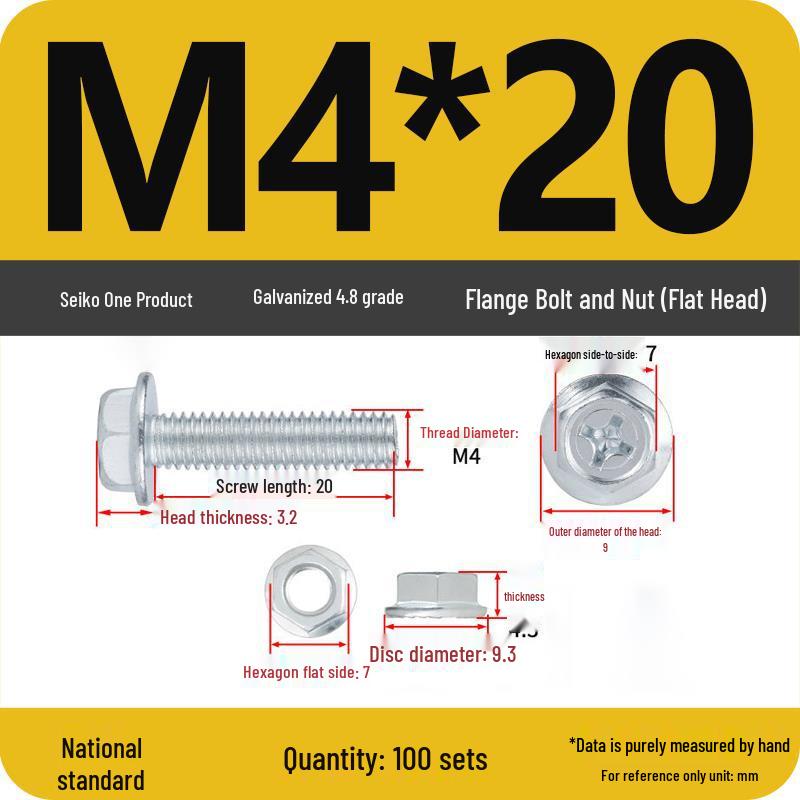 4.8 Grade Galvanized Hex Bolt Set with Anti-slip Washer & Nut, Cross Flange Head, M4/M5/M6/M8mm