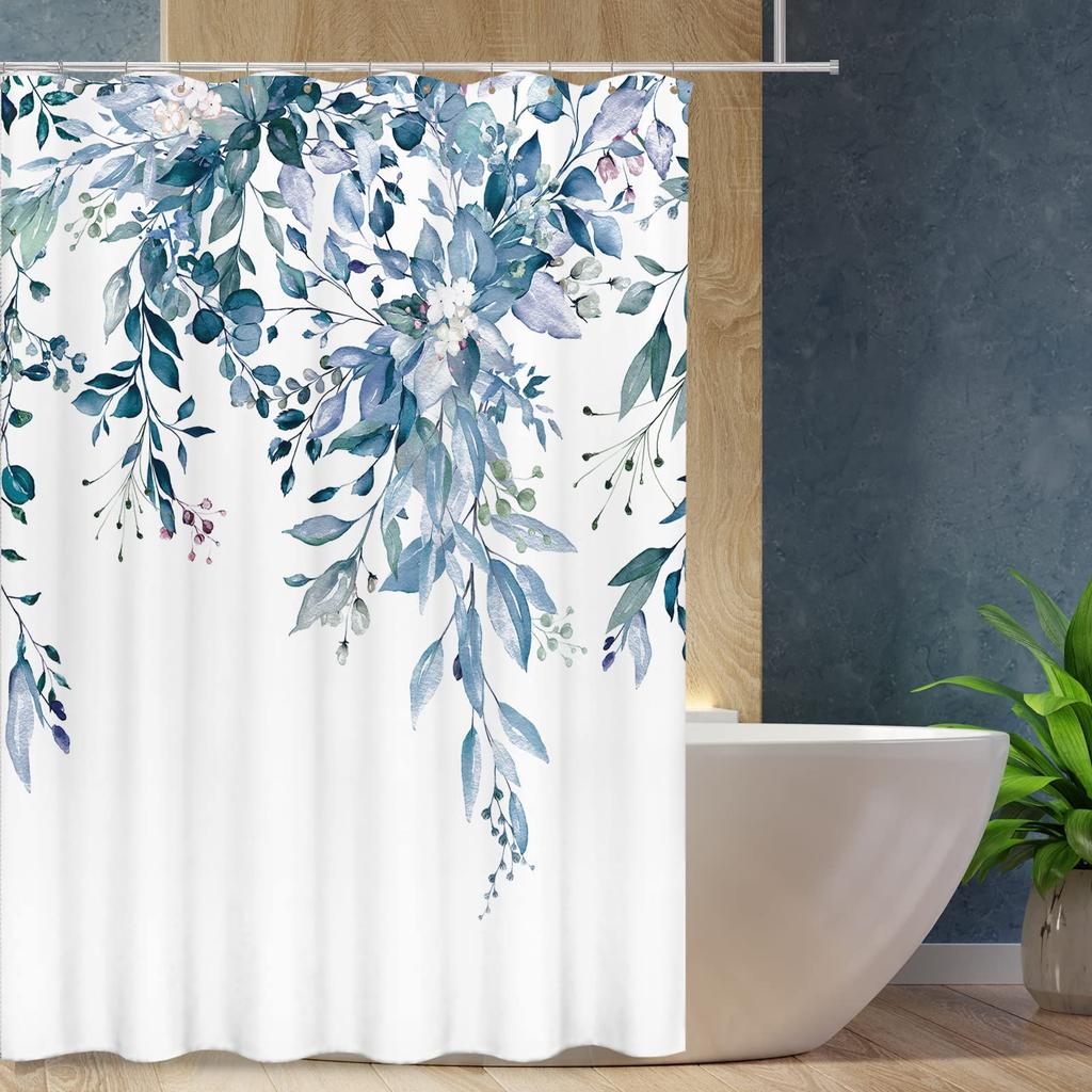Blue Floral Shower Curtain Watercolor Flower Bath Curtain Polyester Fabric Waterproof Bathroom Curtains with Hooks Bath Screen