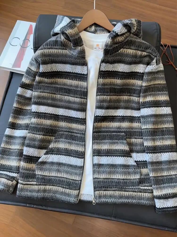 2026 Trendy National Tide Brand Striped Knit Sweater Hoodie for Couples