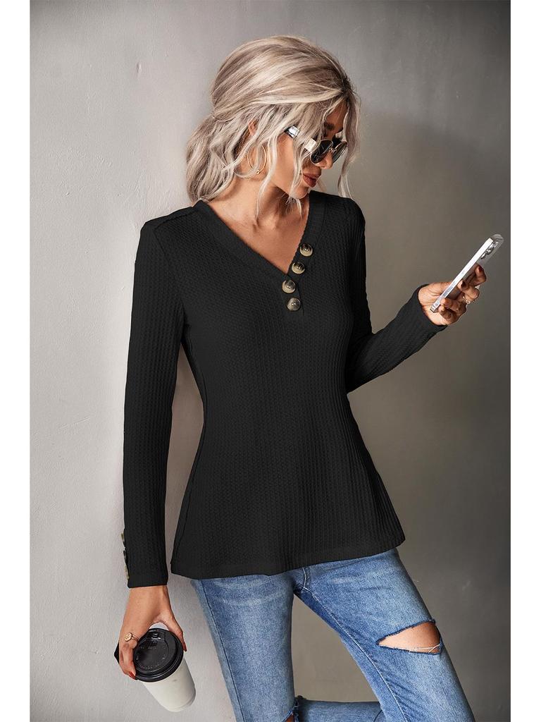 2024 Sonbahar Kadın Düz Renk Waffle Düğmeli Üst - Avrupa & Amerikan Stili