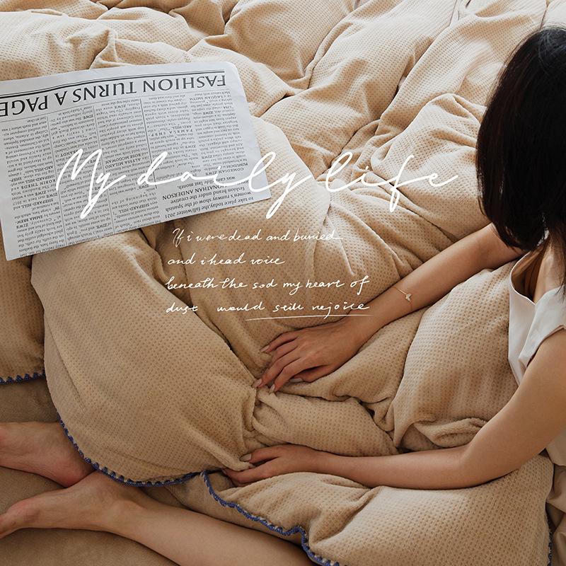 Nordic Light Luxury Coral Fleece Winter Bedding Set - Milk Velvet Waffle, Double-Sided Duvet Cover and Bed Sheet