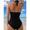 Solid Color Sexy One-piece Swimsuit, Halter V Neck Tummy Control High Cut Bathing Suits, Women's Swimwear & Clothing