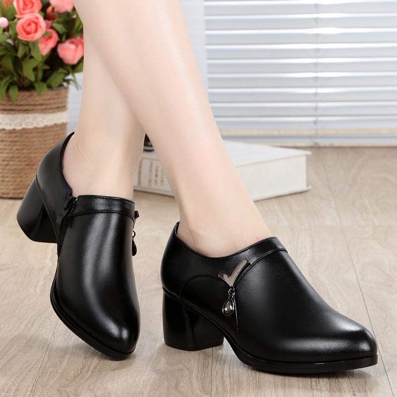 Genuine Leather Block Heel Deep Mouth Pumps Women Shoes Spring Autumn Female High Heels Shoes Ladies Office Party Shoes