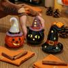 Handmade Ceramic Halloween Statue Tealight Holder Lighted Ghost Pumpkin Figurine with Ornament for Home Witch Hat Tiered Tray Tabletop Decor