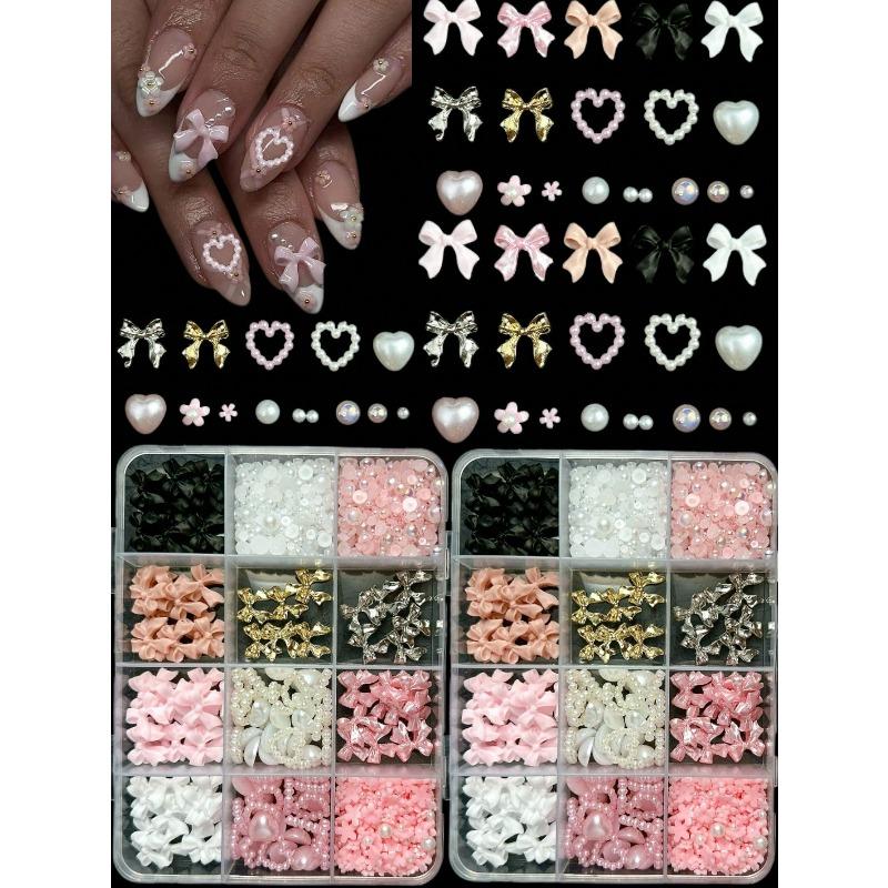 12-Compartment Box Mixed Resin Simulation Pearl Bow, Heart, Mini Floral Decor For Diy Nail Art Accessories, Nail Supplies Nail Charms
