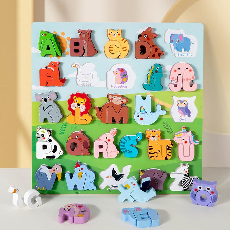 Wooden Children'S Cartoon Animals 26 Letter Capital Words Cognition Early Education Puzzle Toys
