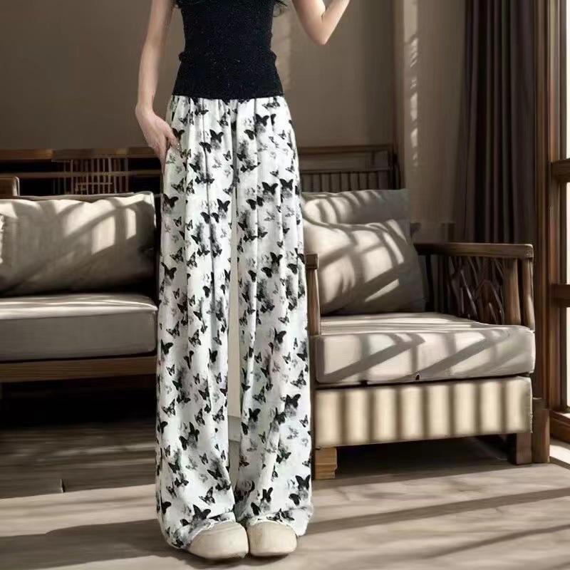 

Ice Silk 2026 Wide-Leg High-Waist Butterfly Print Pants - Summer Casual Style L [50-60 kg]