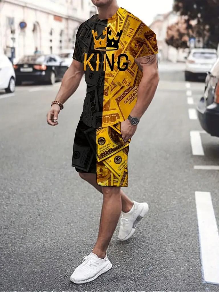 Summer 2 Piece Outfit Male 3D Color Block Print Short Sleeve T-Shirt ShortsSets Outdoor Men's Clothing Tracksuit