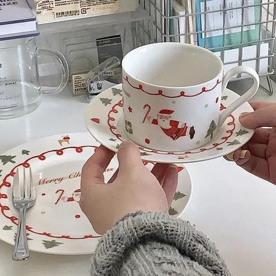 Santa Claus Ceramic Coffee Cup and Saucer Suit Hand-painted Christmas Plate Home Breakfast Milk Juice Cup Fruit Dessert Plate