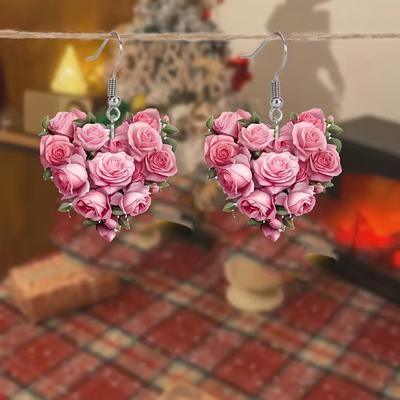 Paar elegante herzförmige rosa Rosen-Ohrhänger