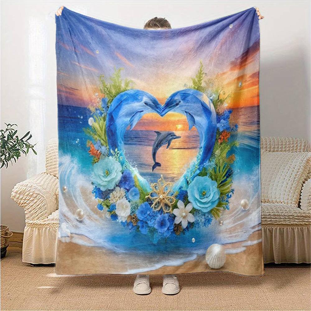 Dolphin Ocean Sunset Print Flannel Throw Blanket, Soft Warm Cozy Blanket for Sofa Bed Couch Home Decoration