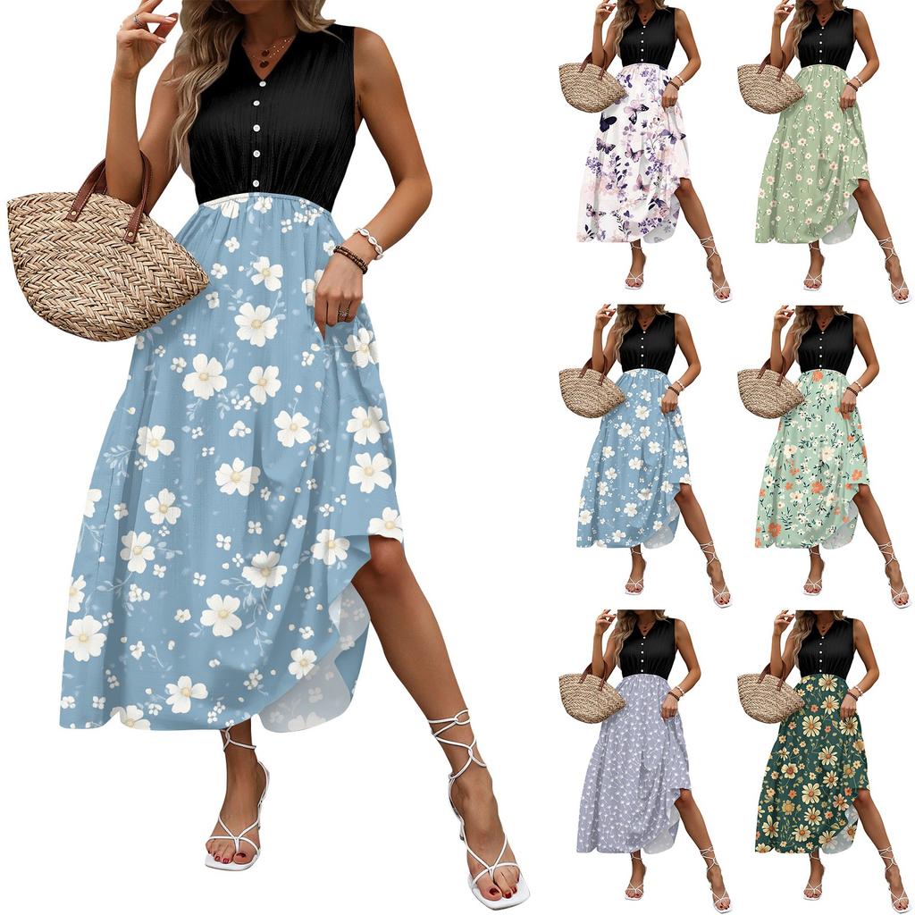 Women Summer Dresses Bohemian Women's Casual And Fashionable V-neck Sleeveless Printing Mid Length Dress