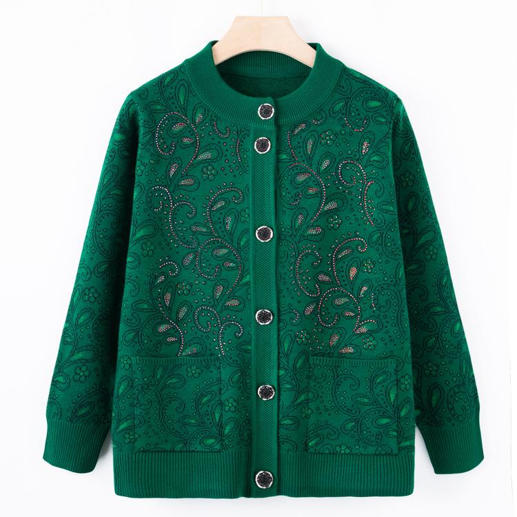 Strikket cardigan for eldre og middelaldrende kvinner høst og vinter, løs genser i pluss-størrelse for eldre og mødre, ny høstkåpe med rund hals