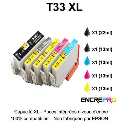 33XL - 5 Compatible Cartridges Epson T3351-T3361-T3362-T3363-T3364 for Printers XP530 XP540 XP630 XP635 XP640 XP645 XP830 XP900