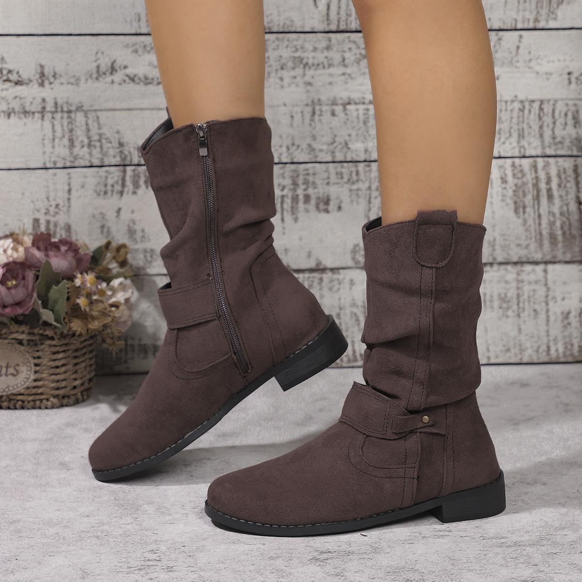 

2025 внешняя торговля осень и зима новые европейские и американские круглый носок квадратный каблук полусапоги большого размера боковая молния набивные западные сапоги женские 43 темно-коричневого
