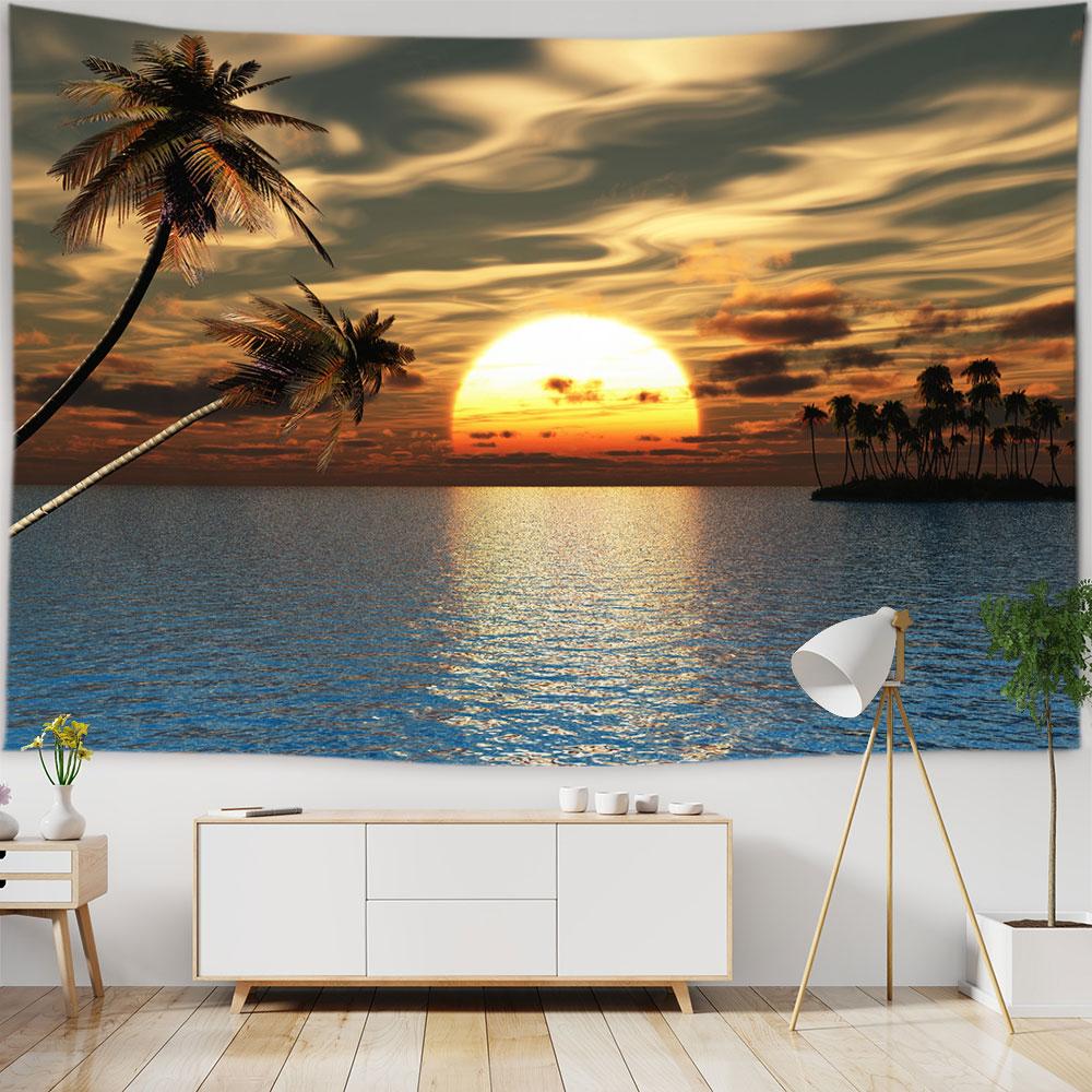 Ocean View Wall Tapestry Forest Waterfall Lotus Decoration Wall Carpet Beach Tapestry Living Room Bedroom Background Cloth
