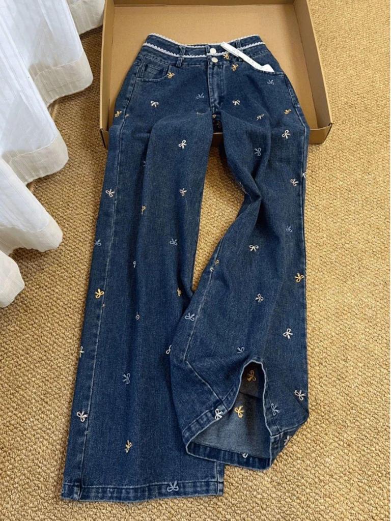 2024 Autumn Women's American Style Colorful Bow Wide-Leg Jeans