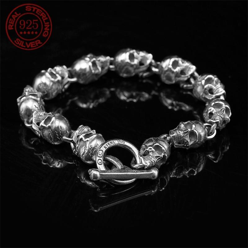 S925 Silber Amerikanischer Garber Stil Handgefertigte Totenkopf Motorrad Handband Trend Männer und Frauen Skelett Vintage Punk Armband
