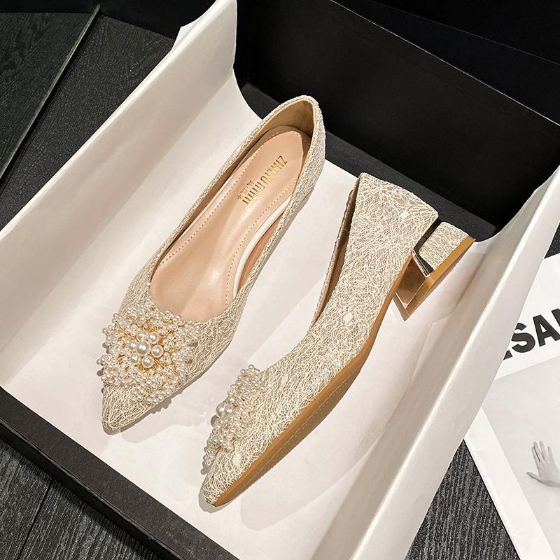 New Shoes for Women Low Heels Pumps Sweet Pearl High Heels Shoes Girl Pointed Toe Dress Shoes