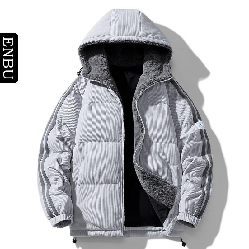 Mens Winter Hooded Down Jacket Thick Warm Striped Casual Loose Fit Youth Outdoor Wear