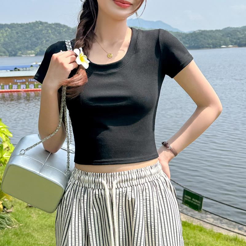 High-quality pure cotton shoulder short-sleeve short T-shirt, women's base shirt, tight minimalist versatile cropped T-shirt top