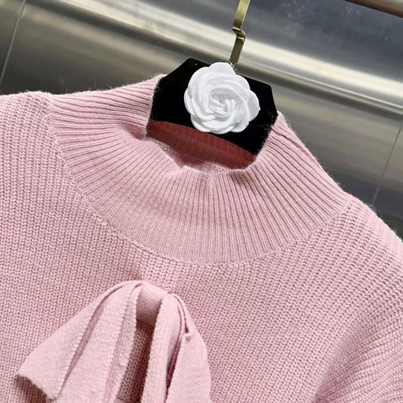 Women's Slim French Knit Sweater with 3D Bow, High Neck - Summer 2026 Arrival
