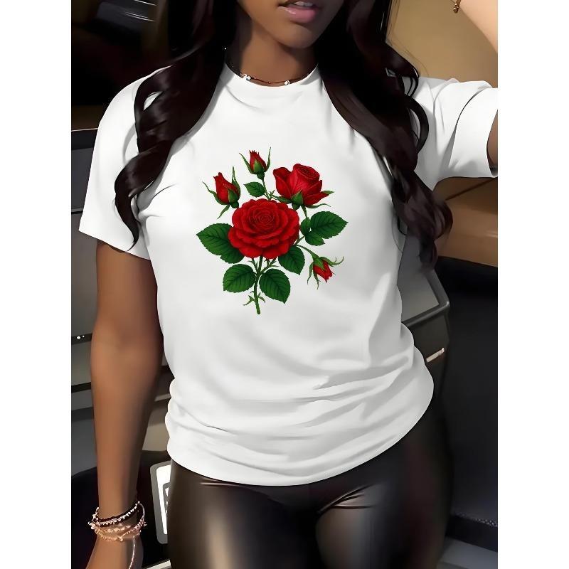 Europäische Größe Damen-T-Shirt mit lebhaftem roten Rosen- und grünen Blatt-Grafikdruck - Weicher, dehnbarer Stoff, nicht durchsichtig, Ganzjahreskomfort