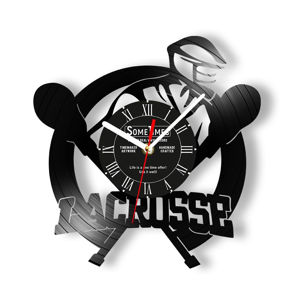 Personalized Lacrosse Player Name Wall Clock Made Of Vinyl Record Crossed Lacrosse Sticks With Custom Name Silent Quartz Clock